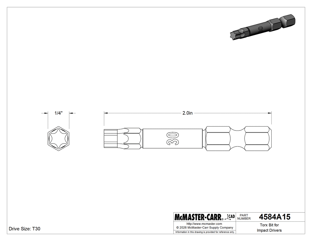 Technical Drawing of Torx Bit for Impact Drivers, 1/4" Hex Shank for Power Tools, T30 Size.